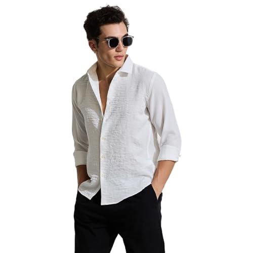 Image of SNITCH White Full Sleeve Casual Textured Shirts