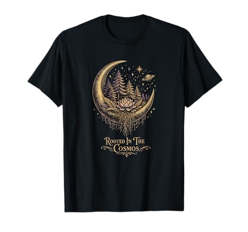 Arraigado En El Cosmos Luna Bosque Loto Naturaleza Celestial Camiseta