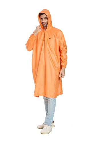 Image of Zeel Unisex Outdoor Rain Poncho for Adult, Waterproof, Lightweight & Packable, Polyester Pullover Full Sleeves Hooded Rainwear, Raincoat for Camping, Hiking, Travelling (AZ33, Free Size) (Orange)