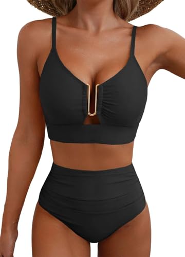 Yutdeng Conjunto Bikini Mujer Braga Alta Reductor Barriga Bikini Push Up con Relleno Biquini con Hebilla Metálica Pliegues Vientre Plano Traje de Baño Mujer 2 Piezas Bañadores Ropa de Baño,Negro,M