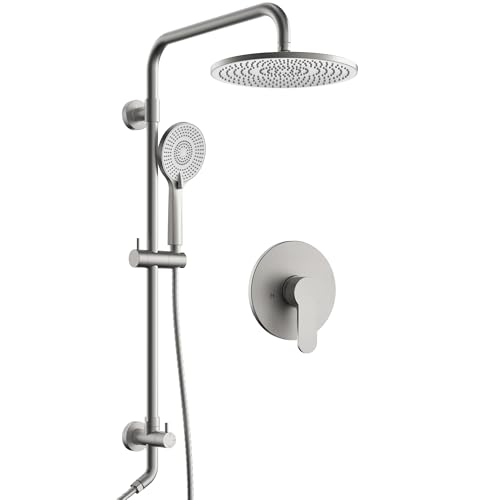 EVERSTEIN 10 Inch High Pressure Rainfall Shower System with Slide Bar Wall Mount Bathroom Round Shower Faucet Set with Valve Brushed Nickel