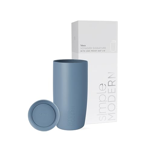 Image of Simple Modern Travel Coffee Mug Tumbler with 360° Lid | Ceramic-Lined Insulated Stainless Steel Cold Brew Iced Coffee Cup Thermos | Gifts for Women Men Her Him | Voyager Signature | 16oz | Blue Dune
