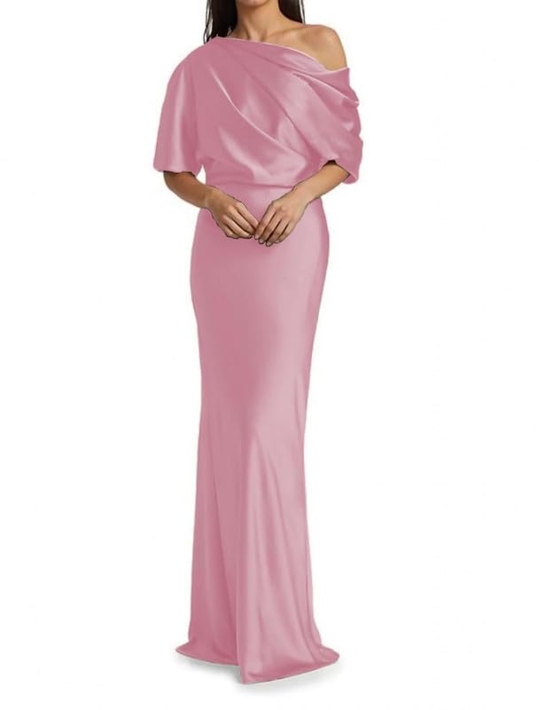Image of Mermaid Satin Mother of The Bride Dresses for Women Ruched One Shoulder Formal Evening Gowns