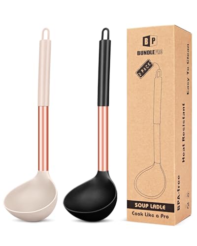 Lot de 2 louches cuillères en silicone pour soupe, ustensiles de cuisine antiadhésifs, sans BPA, parfaits outils de cuisine pour mélanger et servir les soupes (Or Rose Noir Kaki)