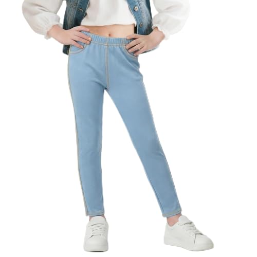 Baogaier Leggings Mädchen Jeans-Optik Kinder Basic-Stil Elastisch Jeggings Atmungsaktiv Weich Lang Hosen mit Taschen Blickdichte Alltag Hose Alltagskleidung, Gr.134-140, Hellblau