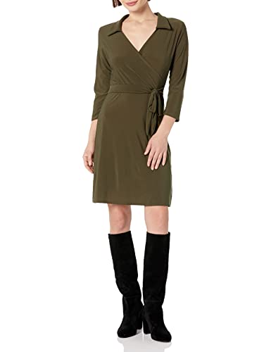 Star Vixen Plus Size Women's Three-Quarter-Sleeve Faux Wrap Dress, Olive,