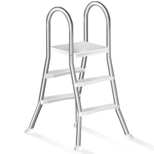Errzom Escalera de Piscina sobre Suelo de Alta Resistencia de 4 Peldaños, Doble Barandilla, Peldaños Anchos Antideslizantes, Escalera de Acero para Piscina Carga 250 kg,85cm