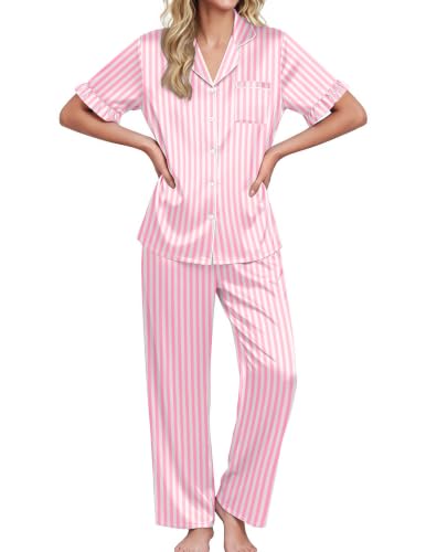 Image of Ekouaer Silk Satin Pajamas for Women Set 2 Piece Short Sleeve Button Up Pjs