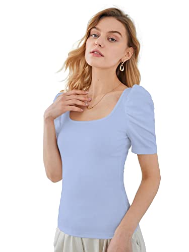 Image of Shasmi Women's & Girl's Polyester Pleated High Neck Short Puff Sleeve Ruched Bust Solid Regular Fit Top