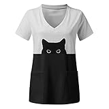 Sportshirt Damen Kurzarm Locker,Sommer Damen T-Shirt Damen Print Kurzarm V-Ausschnitt Workwear Tshirt Top Bluse mit Taschen Sommer T-Shirts Damen