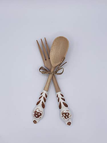 Set Posate da Insalata cucchiaio e forchetta in legno con manico in ceramica dipinto a mano con disegni Romagnoli Marrone
