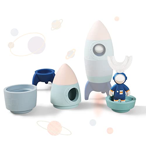 Image of WOODEN TEETHER Silicone Rocket Stacking Toys for Toddlers with Kid's U-Shaped Toothbrush Silicone Stacking Rings Baby Toy Stacking Cups for Babies Montessori Toys (Cartoon Astronaut Toothbrush)
