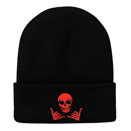 Image of Embroidered Skeleton Beanie Hat Winter Stretch Knit Skull Cap for Men Women