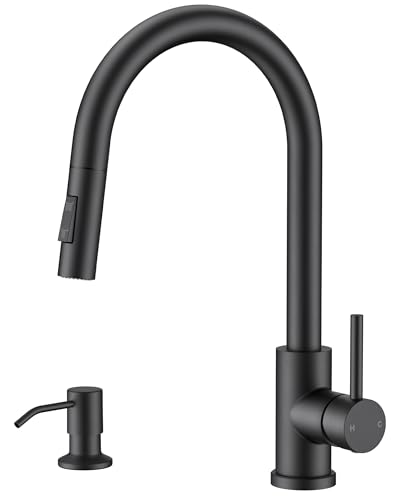 Image of FORIOUS Black Kitchen Faucet with Pull Down Sprayer, Modern Single Hole Kitchen Sink Faucet with Soap Dispenser, Deck Plate, Single Handle, High Arc Stainless Steel for RV Farmhouse Laundry Outdoor