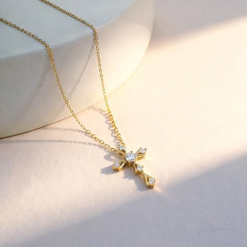 Image of URTHEONE Moissanite Cross Necklace for Women, 925 Sterling Silver 14KGold Plated Necklaces with Sparkling Moissanite Pendant, Faith Women's Jewelry, Trendy Gift for Women Mom Friend