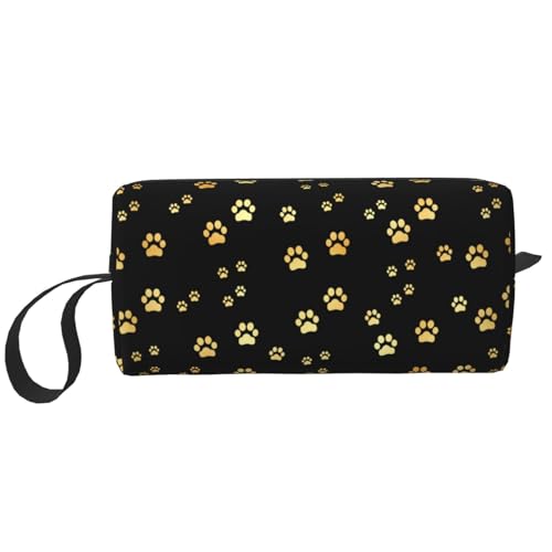 JKJOJIA Gold And Black Paw Print Dog Makeup Bag Organizer Small Cosmetic Bags Portable Travel Toiletry Bag With Handle Simple Accessories Storage Zipper Pouch For Women Girl
