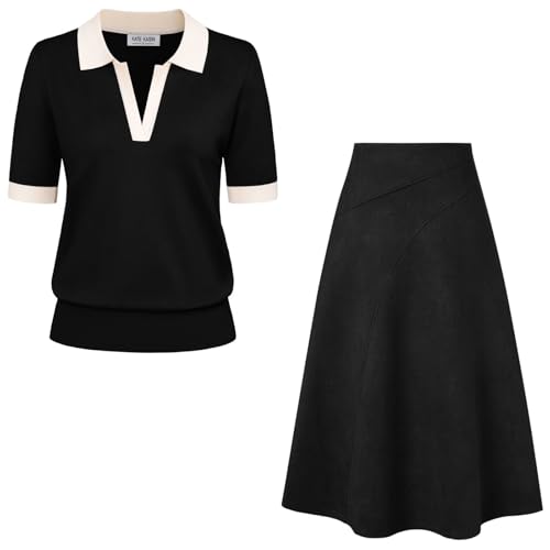 Kate Kasin Women Short Sleeve Sweater and Suede Midi Skirts(Small)