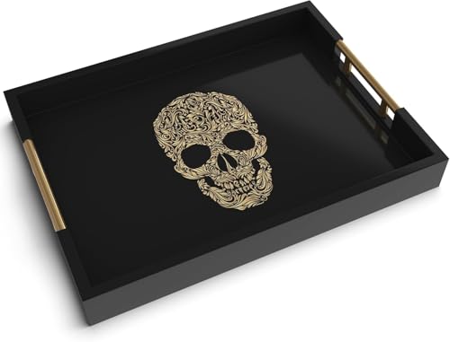 Gothic Skull Serving Tray with Gold Handles – Black Gloss Wooden Ottoman Tray for Coffee Table, Bar, or Kitchen – Elegant Gothic Decor & Unique Gift for Halloween, Horror & Alternative Style Lovers