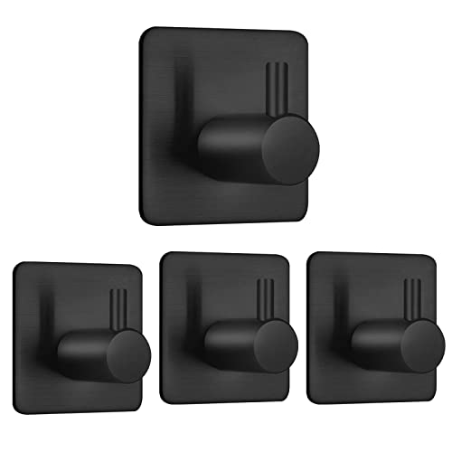 Auxmir Self Adhesive Hooks 4 Pack, Stainless Steel Adhesive Door Hooks, Coat Hooks, Anti-Rust Waterproof Sticky Hooks for Kitchen Bathroom Office Toilet, No Drill Glue Needed, Black