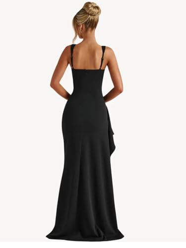 Satin Prom Dresses for Women Spaghetti Straps Ruffle Formal Evening Dress High Split Cocktail Party Gown4