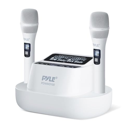 Pyle UHF Wireless Microphone System with Dual Handheld Mics, USB Rechargeable, Bluetooth Fixed Frequency Receiver, Low Noise DSP Audio, Plug & Play for Karaoke, Stage, Classroom, Office & DJ Use by Pyle - Used condition - US$40.38