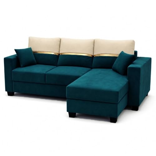 Image of Furny Arvea 4 Seater Fabric RHS L Shape Sofa Set (Greenish Teal) | Soft Velvet Fabric | Modern Design | Comfortable Seating | Living Room Furniture