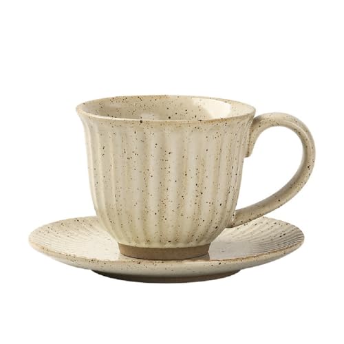 MAGICVOGEL Cappuccino Tasse mit Unterteller Steingut Espressotasse 160ml Kaffeetasse Vintage Porzellan Teetasse Mokkatasse für Zuhause Büro Café (Beige)