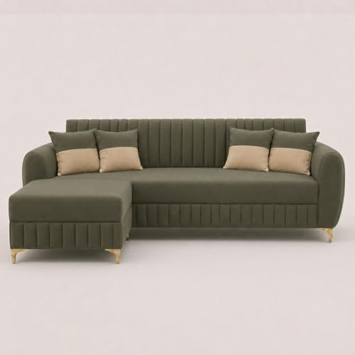 Image of CASASTYLE Signature Velour 4-Seater L-Shape Sofa Set with Movable Ottoman | Flexible LHS /RHS Layout | Boston Matte Fabric | 40D Foam + Zigzag Spring | 3-Yr Warranty (Olive Green)