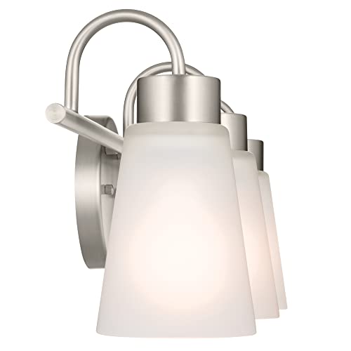 Image of Kichler Erma 3-Light Bathroom Vanity Light Fixture with Satin Etched Glass Shades, Updated Traditional Wall Lighting in Brushed Nickel for Mirror, (23 inch x 8.5 inch x 6 inch), 55126NI