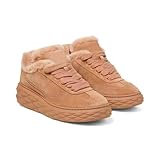 Women’s Winter Shearling Sneakers, Genuine Suede Fur Lined Platform Walking Shoes, Warm Fuzzy Casual Lace-Up Shoes with Anti-Slip Sole Apricot