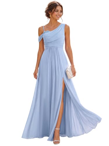 Ever-Pretty Women's Sleeveless Chiffon Summer Formal Wedding Guest Dress One Shoulder A-Line Split Bridesmaid Dresses Ice Blue US4