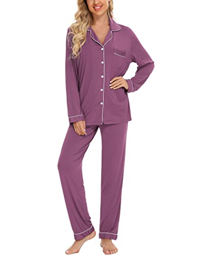 Pjmlifecoco Women's Pajamas Set Button-Down Long Sleeve Shirt Pj Pants Two-Piece Night Suit Sleepwear Loungewear Lavender #TOP2