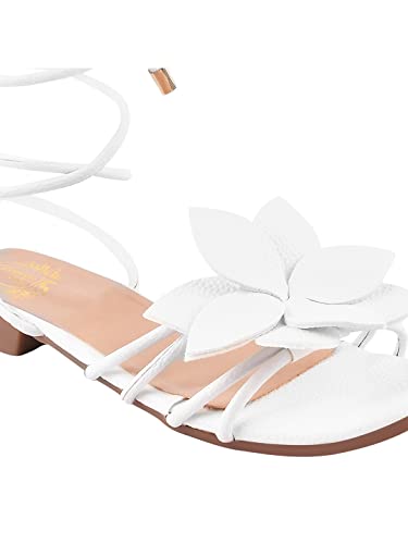 Image of Shoetopia Elegant Flat Sandals with Floral Detail | Chic Lace-Up Straps | Comfortable Summer Footwear for Women