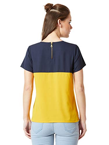 Image of Miss Chase Women's Navy Blue and Yellow Round Neck Boxy Top