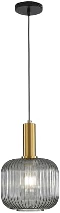 HJXDtechModern Industrial Pendant Light with 20CM Striped Glass Lamp Shade, Gold E27 Loft Bar Height Adjustable Ceiling Hanging Lamp for Kitchen Dining Room Bedroom (Grey)
