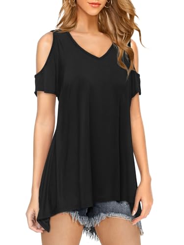 Beluring Womens Cold Shoulder Tops Summer Short Sleeve V Neck Casual Tunic Tee Shirts2