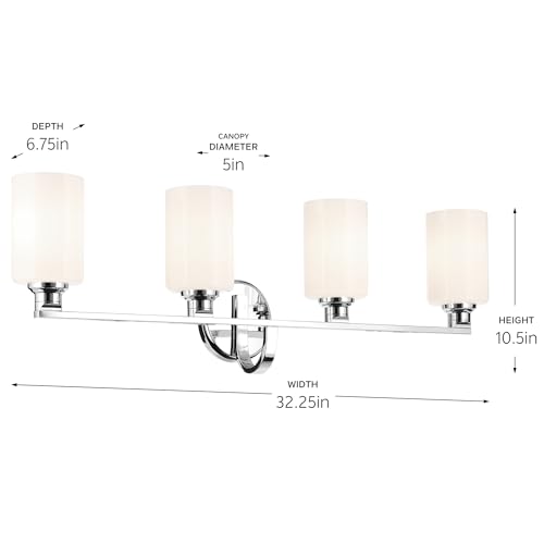 Image of Kichler Gioe 32.25 inch 4-Light Bathroom Vanity Light Fixture with Opal Glass in Chrome, Modern Wall Mount Light for Over Mirror, Damp Rated (32.25 inch W x 10.5 inch H), 55227CH