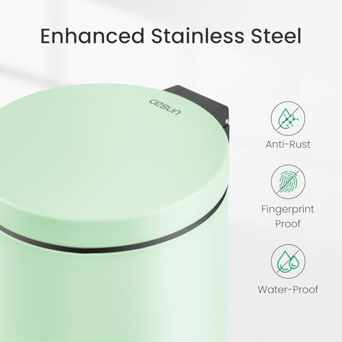 Image of Cesun 1.2 Gallons Small Green Trash Can, Bathroom Garbage Can with Lid and Foot Pedal, Mini Round Wastebasket for Bathroom, Bedroom, Office, 4.5 Liters / 1.2 Gallons, Green