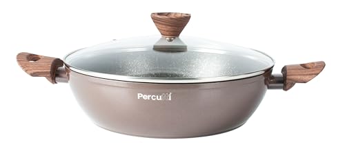 Percuti Cacerola con Tapa de Vidrio, 28 cm, Aluminio Forjado, Revestimiento Antiadherente, Mangos Soft Touch, Marrón