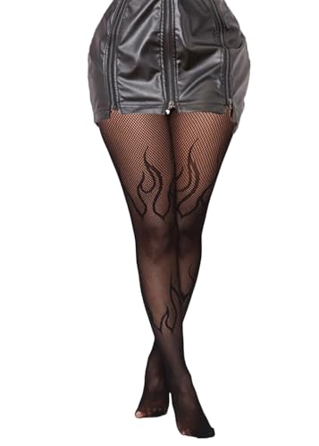 Image of Mrotrida Women's Fire Patterned Fishnet Tights Sexy Elastic Blaze Pantyhose Leggings Fire Mesh Stockings