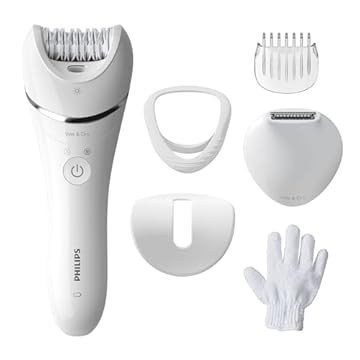 Philips Epilator Series 8000, dispositivo di epilazione Wet & Dry cordless per gambe e corpo con 6 accessori, rifinitore ed esfoliante corpo, modello BRE715/00