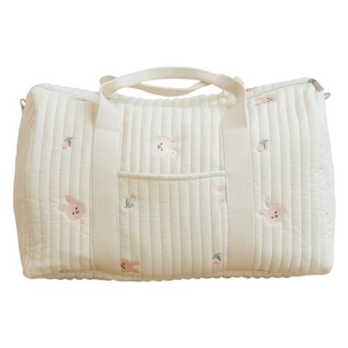 Quilted Duffle Bag 19x9x11 Inch Soft Cotton Portable Baby Travel Bag with Handle & Adjustable Strap Cute Floral Rabbit Baby Supplies for Women Walking Shopping Picnics