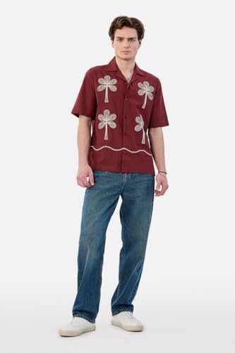 Image of SNITCH Men Casual Shirt | Box Fit Cuban Collar Short Sleeve Floral Embroidered Design | 100% Cotton Breathable Fabric for Summer & Vacation Outings | Burgundy