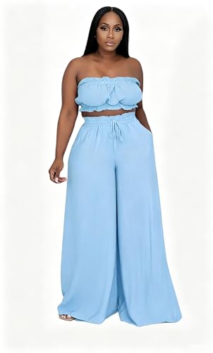 Image of Two Piece Sets for Women Summer Outfits Crop Tops and Wide Leg Pants Sets Sexy Jumpsuits Vacation Outfits with Pockets