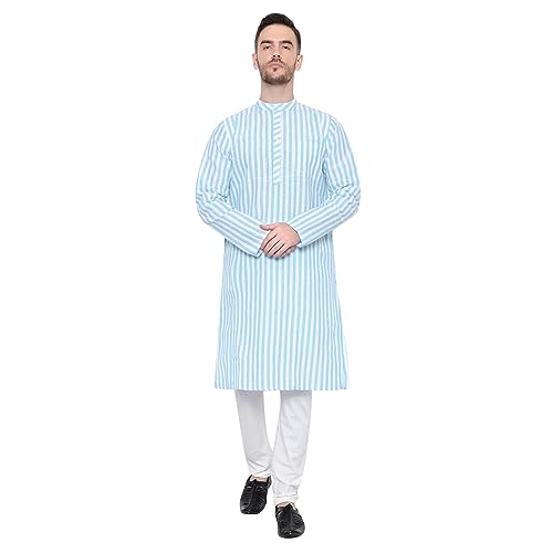 Image of LATEST CHIKAN Broad Striped Cotton Men's Long Kurtas