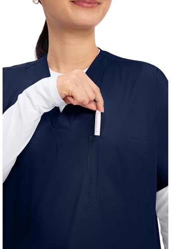 Image of Cherokee Scrubs for Women and Men Unisex V-Neck Tunic Nursing Scrub Top with Chest Pocket, Tuckable Durable Fabric - 4777 | 1 Chest Pocket For Essentials, Traditional Fit, Durable Construction, Comfortable Knit Details, Easy Care, Tuckable Style