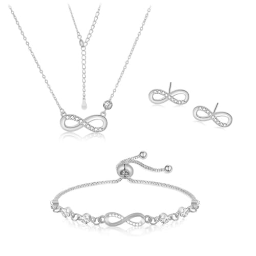 JYIXXZX Parure Bijoux Femme Argent 925 Infini Bijoux Ensemble de Collier Boucles d'Oreilles Réglable Collier Bracelet Élégantes Mariage Soirée Saint-Valentin Cadeau