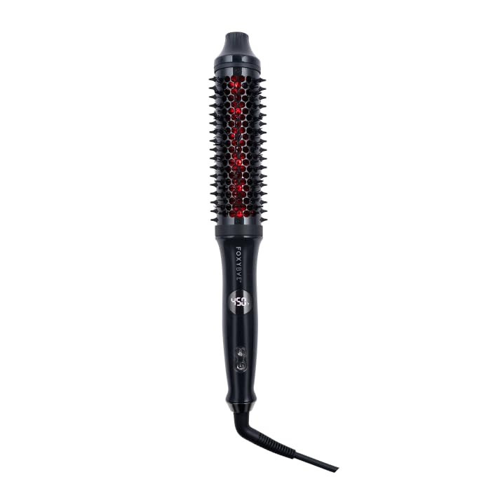 FoxyBae Thermal Brush with 1.5" Extra-Long Barrel & Infrared Technology - Hot Comb & Round Hair Brush for Styling, Volumizing & Straightening - Black Shimmers