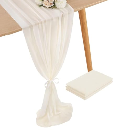 Lot de 2 Chemin de Table Gaze Crème Bohème Mousseline pour Mariage, Fête, Noël, Anniversaire 70 x 300 cm