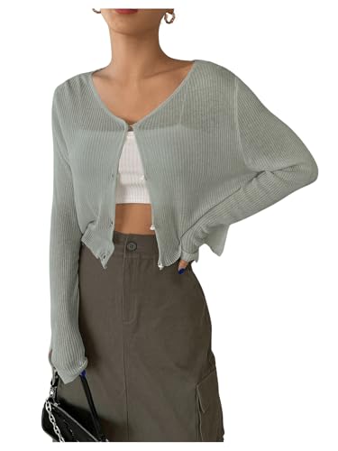 Image of Floerns Women's Ribbed Knit Long Sleeve Button Front V Neck Cardigan Crop Top
